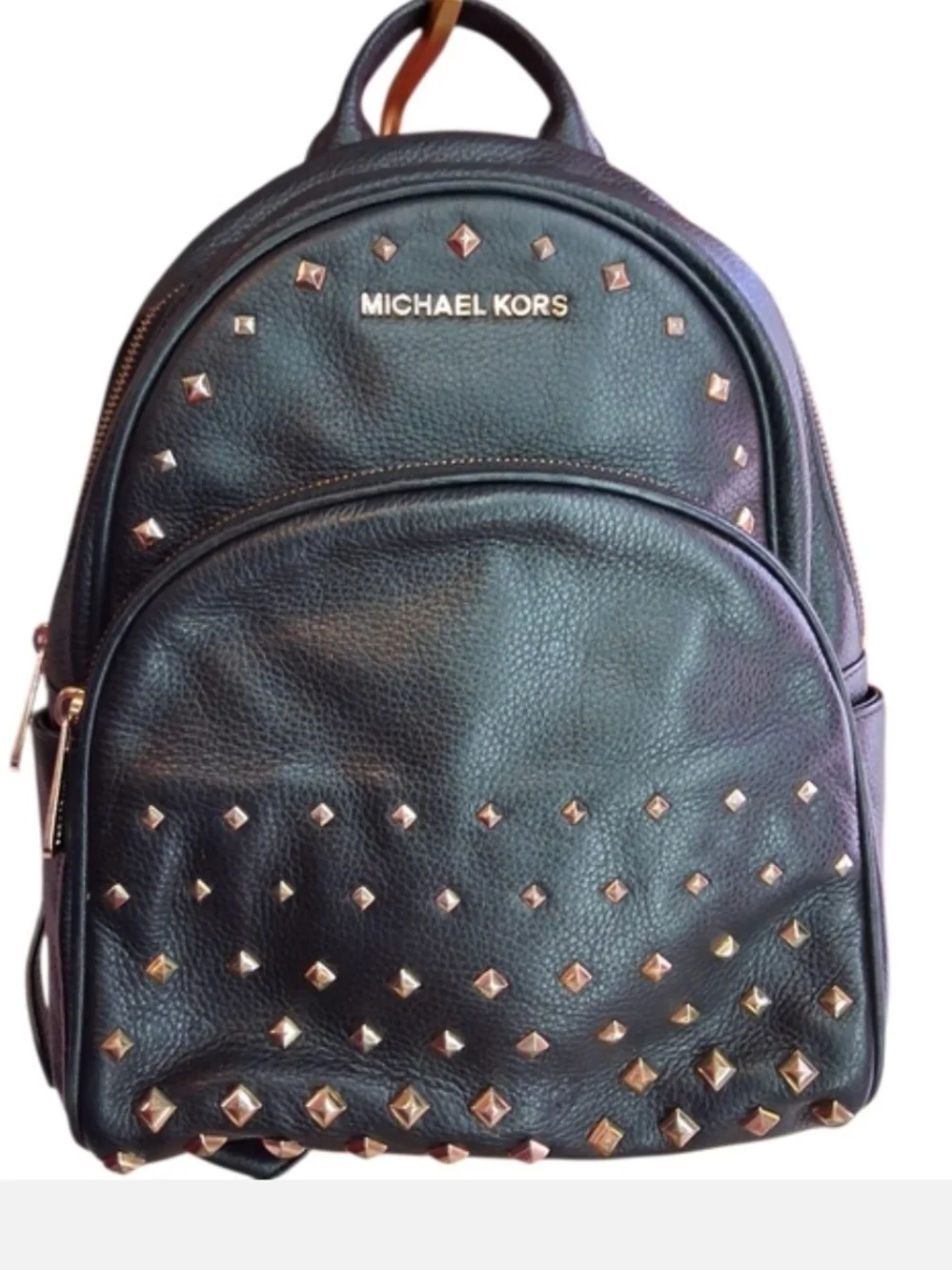 Michael Kors Black Pebbled Leather Studded Backpack with Gold Accents